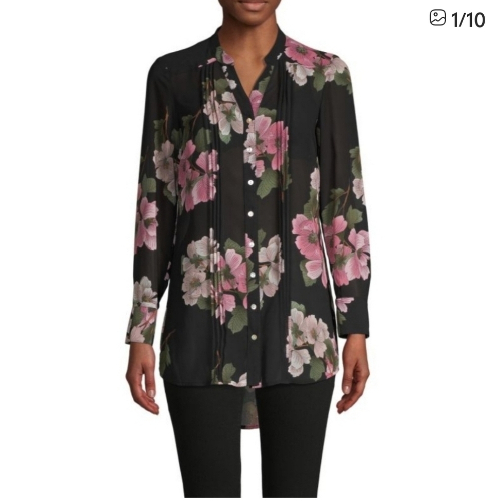 Nanette Lepore Floral Button-Down Blouse - Black with Pink Blossoms, Size Small